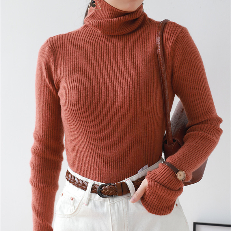 

Women Sweater Top Thick Soft Waxy Comfortable High-Neck Knitted Bottoming Shirt Solid Color Slim-fitting Tight 210520, Burgundy