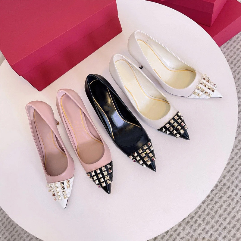 

Designer Womens High Heels Dress Shoes Ballet Sandals Classic Luxury Yoga Black White Rivet Pointed Toe Flat Leather Rubber Casual Wedding Party Prom Shoe, Foam