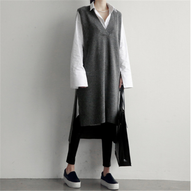 

2021 Korean INS wind sweater vest short front and back long vest skirt knitted V-neck thickened mid-length sweater skirt, Black