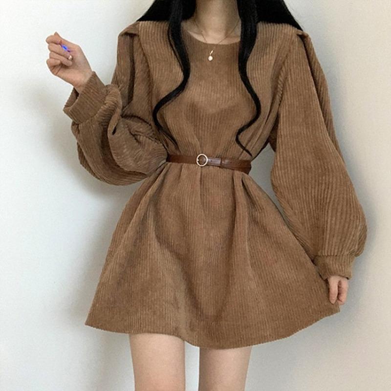 

Casual Dresses Robe Korean Style Autumn Loose Khaki O Neck Lantern Sleeve Corduroy Dress Women Mini Belt Vestidos Mujer Retro Black Grey, Black;gray