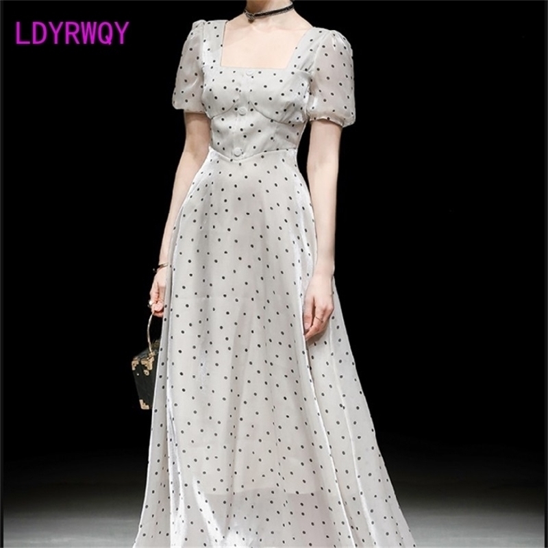 

LDYRWQY Korean Retro Polka Dot Puff Sleeve Slim Square Neck Temperament Fashion Dress Polyester Office Lady 210603, Photo color