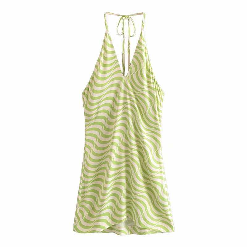 

Summer Dress Women Halter Mini Dress elegant Casual Fashion Chic Lady Striped Dresses Woman 210709, As picture