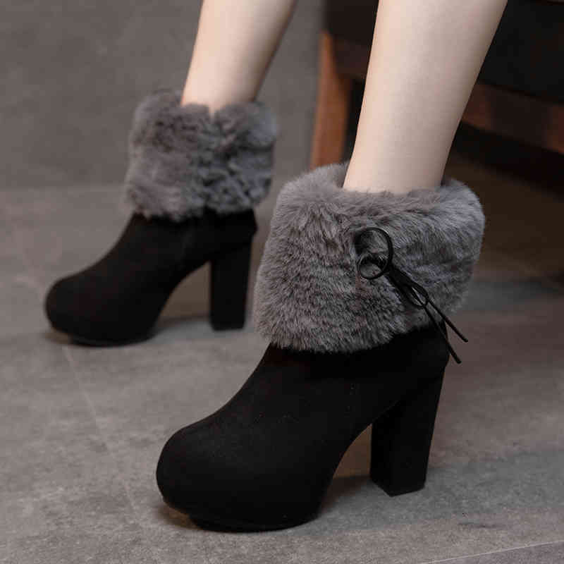 

boots women's ankle black flannel boots fashion fall short teddy sliding-on women's in high heels shoes g86n
