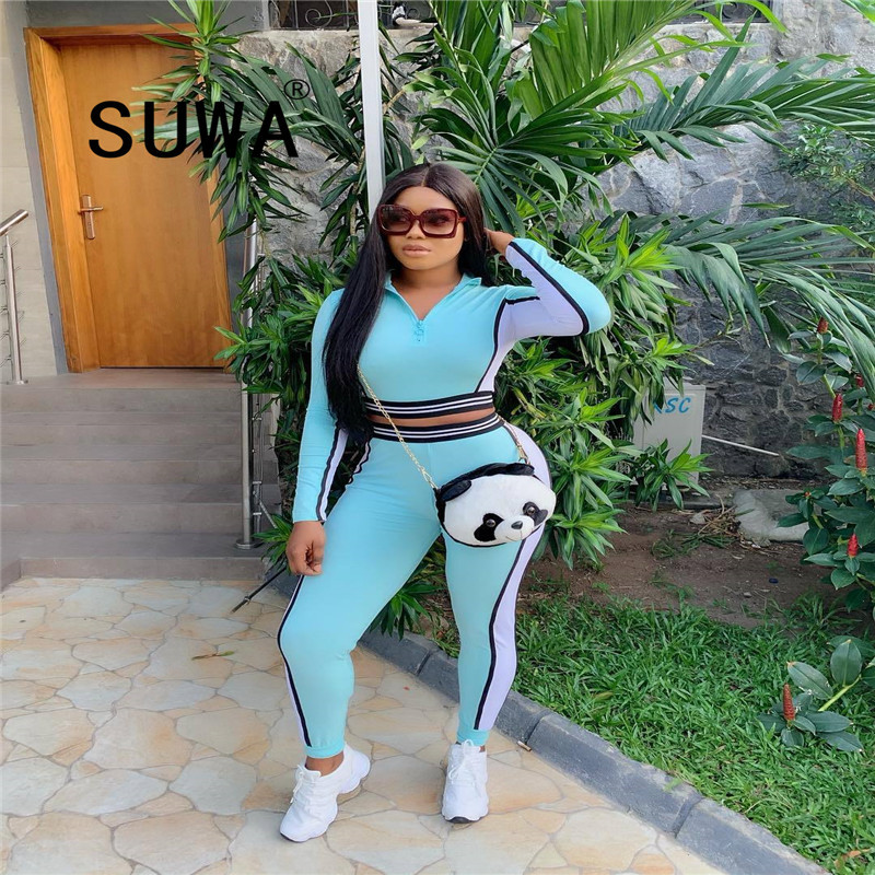

Sky Blue Tracksuit Women Lounge Wear Set 2 Piece Zip Long Sleeve Top + High Waist Sweatpants Wholesale Womens Clothing Vendors 210525