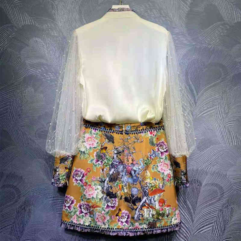 

dress Seqinyy women's ensemble will see spring fashion design track beads knitted white shirt+ flowers vintage printing skirt elegant short, Gray