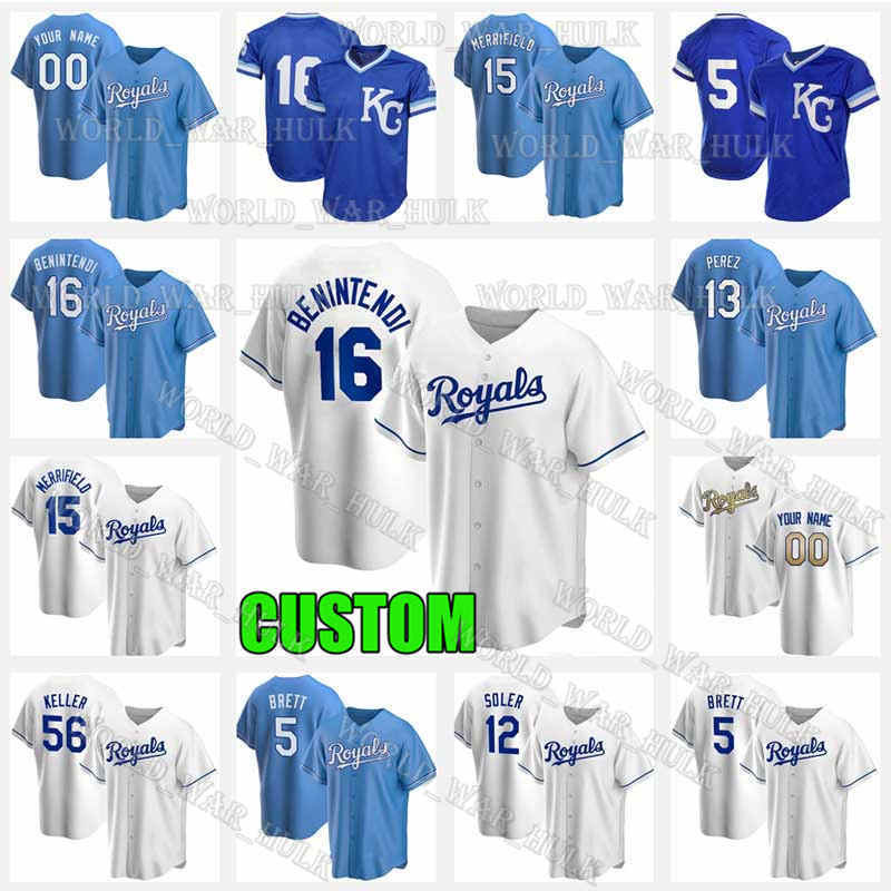 

Kansas City 16 Andrew Benintendi Royals Jersey 15 Whit Merrifield Bo Jackson 5 George Brett 13 Salvador Perez 2021 Custom Baseball Jerseys, Blue;black