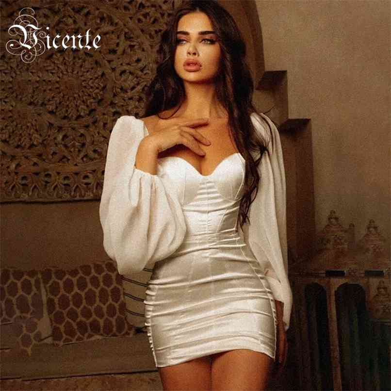 

Chic White Mini Dress Puff Sleeves Sexy Backless Celebrity Party Club Satin 210520