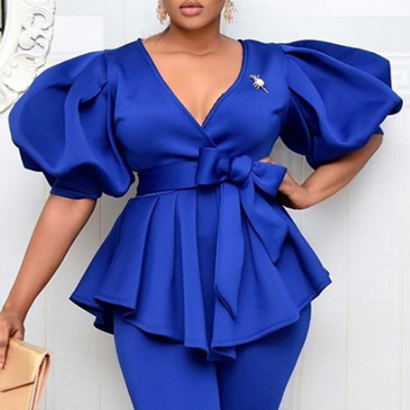 

Women Blouses V Neck Short Lantern Sleeve with Sashes Peplum Ruffles Plus Size XXL Elegant Office Lady Work Shirt Female Blusas, Blue