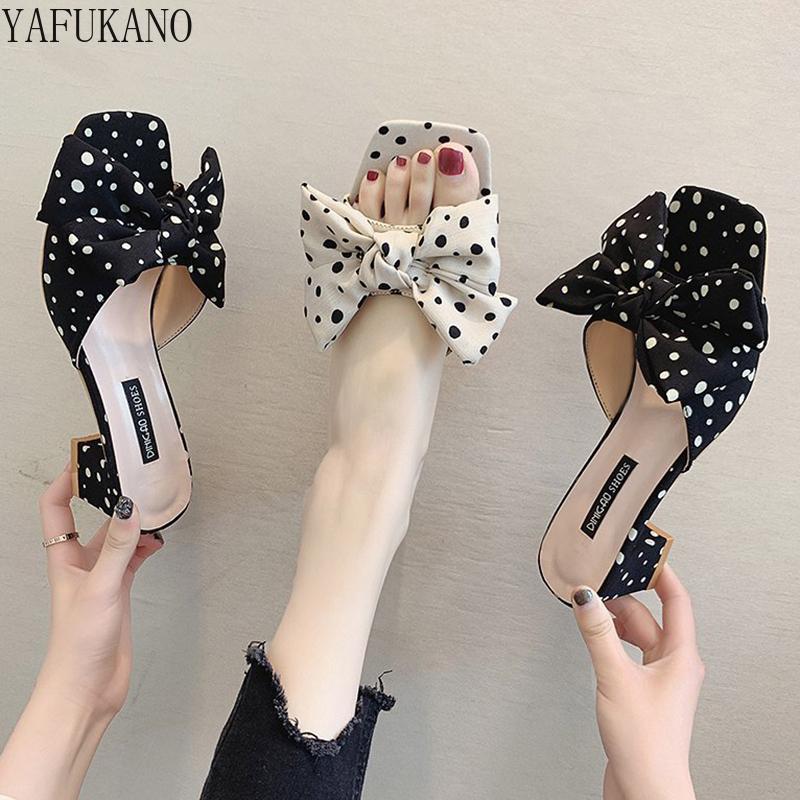 

Slippers Sweet High Heels Women Polka Dot Bow Slides 2022 Casual Square Outddor Sandal Female Ladies Outside Wave Point, Beige