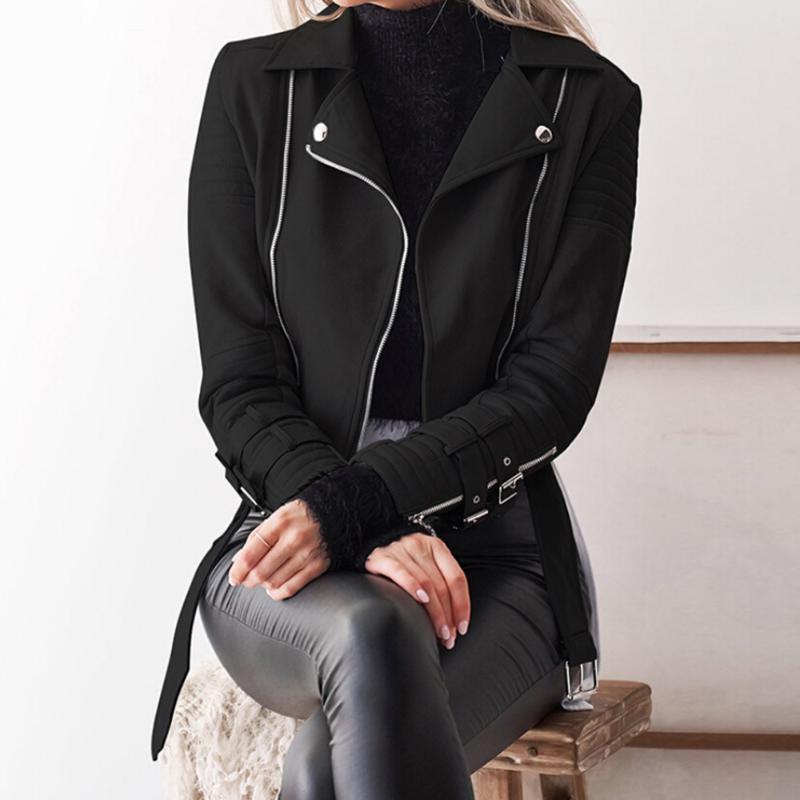 

Women's Leather & Faux Fashion Women Autunm Winter Black Gray Jackets Lady Bomber Motorcycle Cool Outerwear Coat With Belt