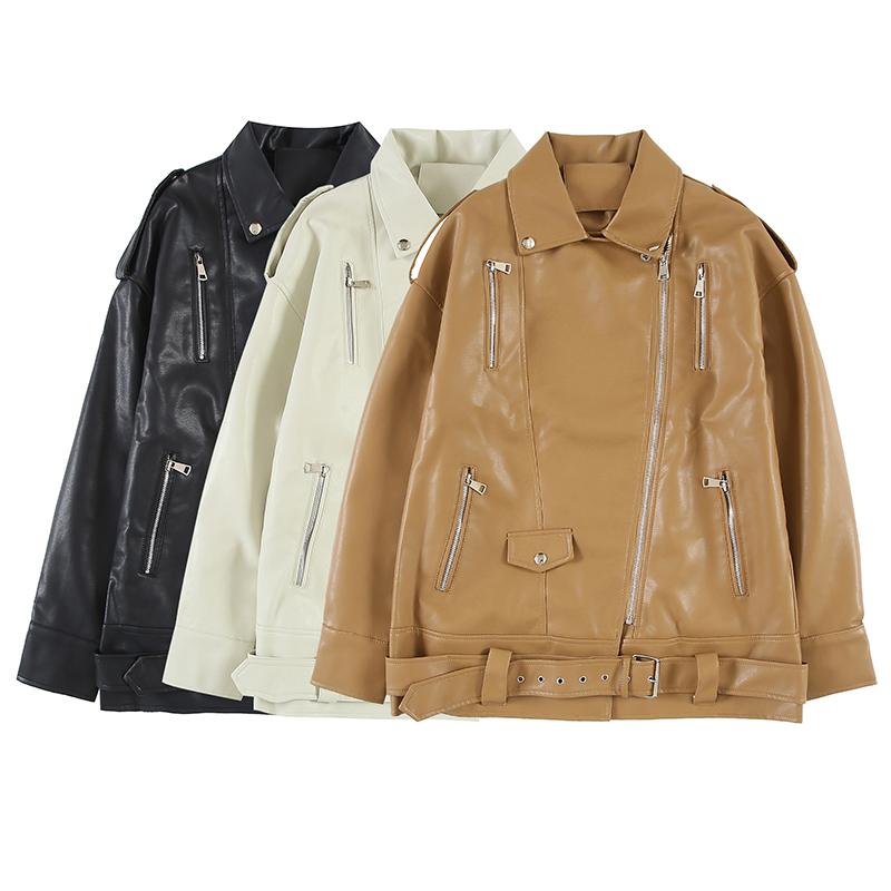 

Women's Leather & Faux Autumn Winter Casual Loose Punk Style Outwear With Belt Lapel Jacket Women Moto Bike Street PU Coat, Black