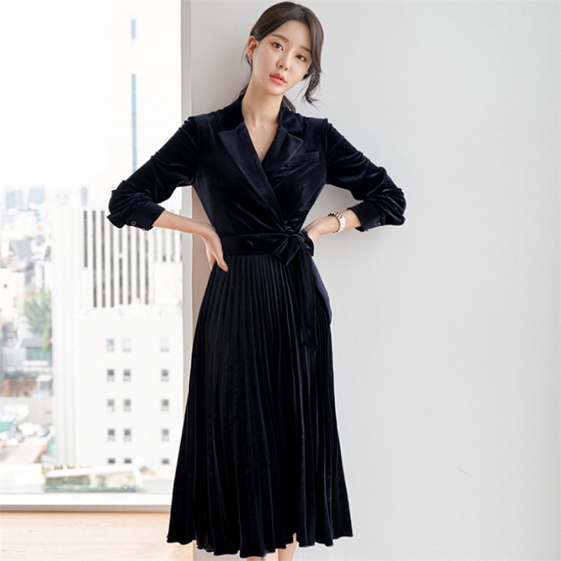 

High Quality Spring Velvet Dress Women Elegant Long Sleeve Pleated Ladies Party es Casual Belted Winter Vestidos 210519, Blue