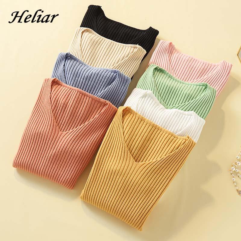 

Women's Sweaters Heliar Female Thin Sweater V-neck Autumn Women Underwear Slim Knitted Pullovers For 2021 Winter, Green
