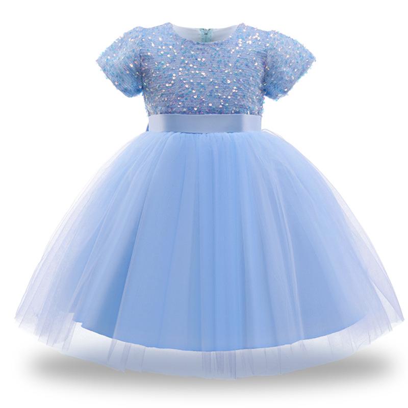 

Girl's Dresses Kid Girls Dress Full Sequined Decor O-neck Short Sleeves Patchwork Mesh Evening Princess Party Costume For Children, Blue