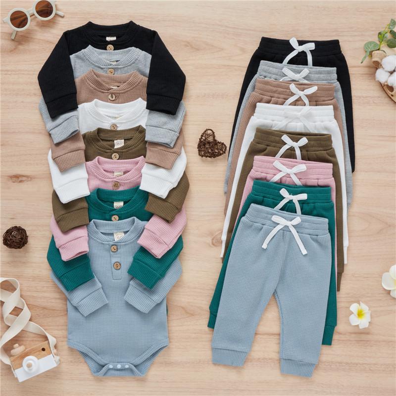 

Clothing Sets 0-24m Unisex Baby Spring Fall Clothes Set Solid Color Waffle Button Romper And Tie-Up Trousers Boys Girls Casual Outfits, White