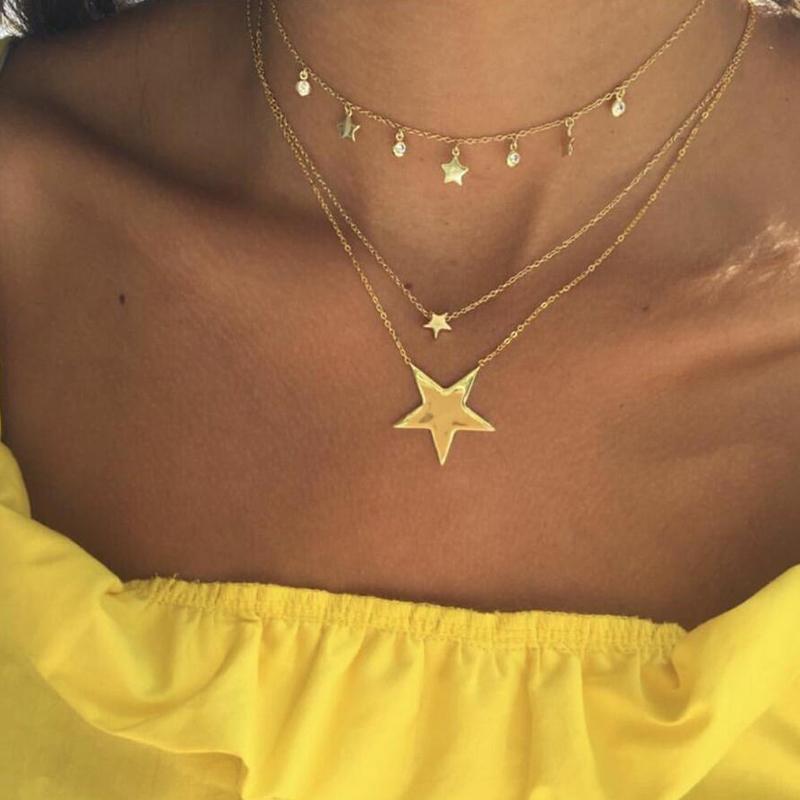 

Pendant Necklaces Multi Layer Pentagram Crystal Sweater Necklace Charming Women's Choker Chain Accessories Fashion Year Jewelry Gifts
