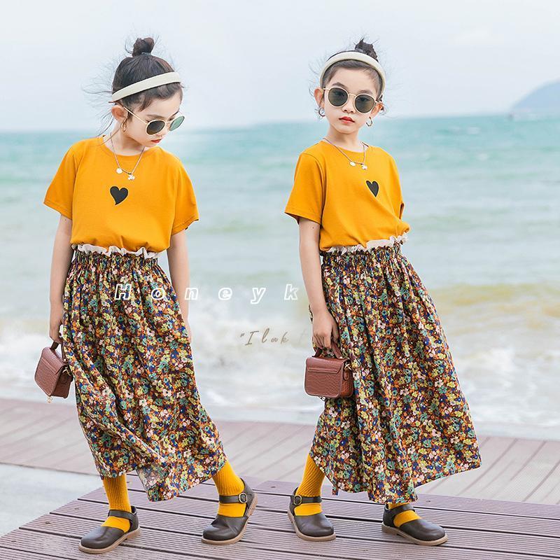 

Clothing Sets Girls Summer Clothes Set 2021 French Style Yellow T-shirt Floral Skirt 2Pcs Suit For Children Cotton Girl Casual Outfit, White