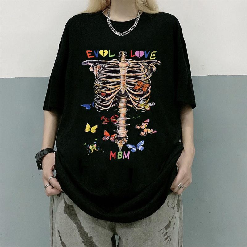 

Women' T-Shirt Camiseta Gótica Feminina Hip Hop Streetwear, Harajuku, Esqueleto, Estampa De Borboleta, Y2k, Roupas Punk, Homens E, Hui