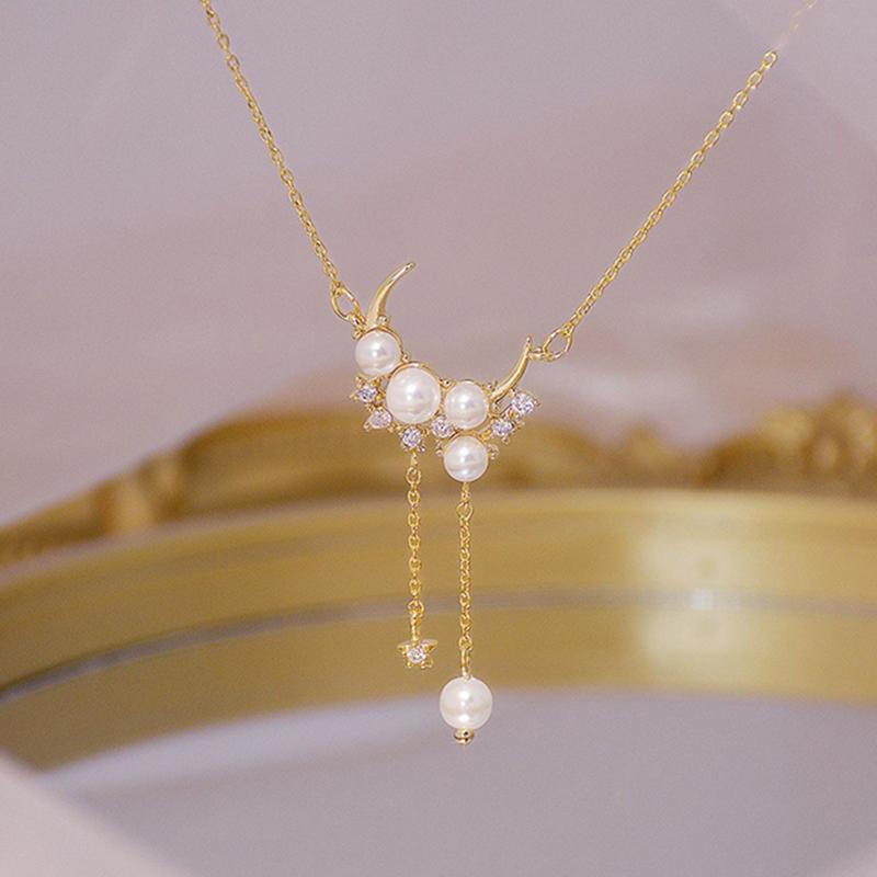 

Pendant Necklaces Luxury Wedding Jewelry Flower Women Necklace For Bride Moon Star Tulip Pearl Choker Clavicle Neck Chain Girlfriend Gifts