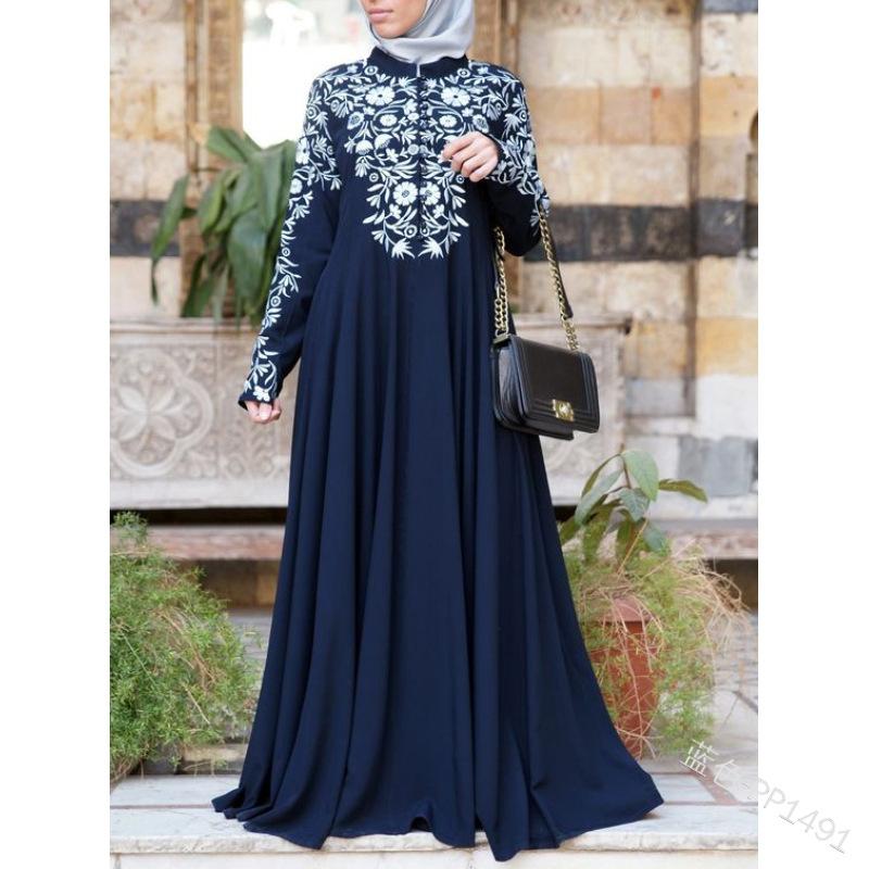 

Casual Dresses 2021 Muslim Women Dress Turkish Abaya Printed Flower Maxi Kimono Open Robe Dubai Ramadan Kaftan, Black