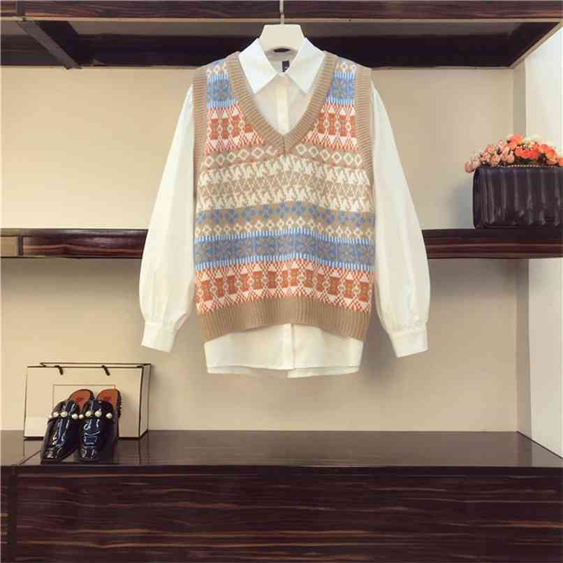 

Fall Spring V-neck Sweater Vest and Shirt Two piece Set Women Korean Style Plus Size Rhombus color matching Knitted Tops 210602, White
