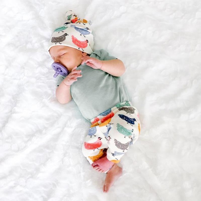 

Clothing Sets Born Baby Boy Girls Summer 3pcs Romper Bodysuit Jumpsuit Cartoon Chicken Printed Pants Hat Outfits Clothes Set, White