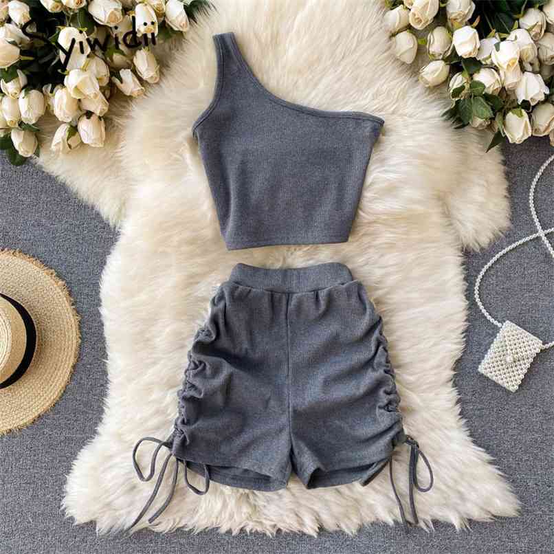 

2 Piece Shorts Sets Women Summer Sleeveless Skew Collar One Shoulder T Shirts Drawstring Elastic High Waist Pants 210607, Light grey