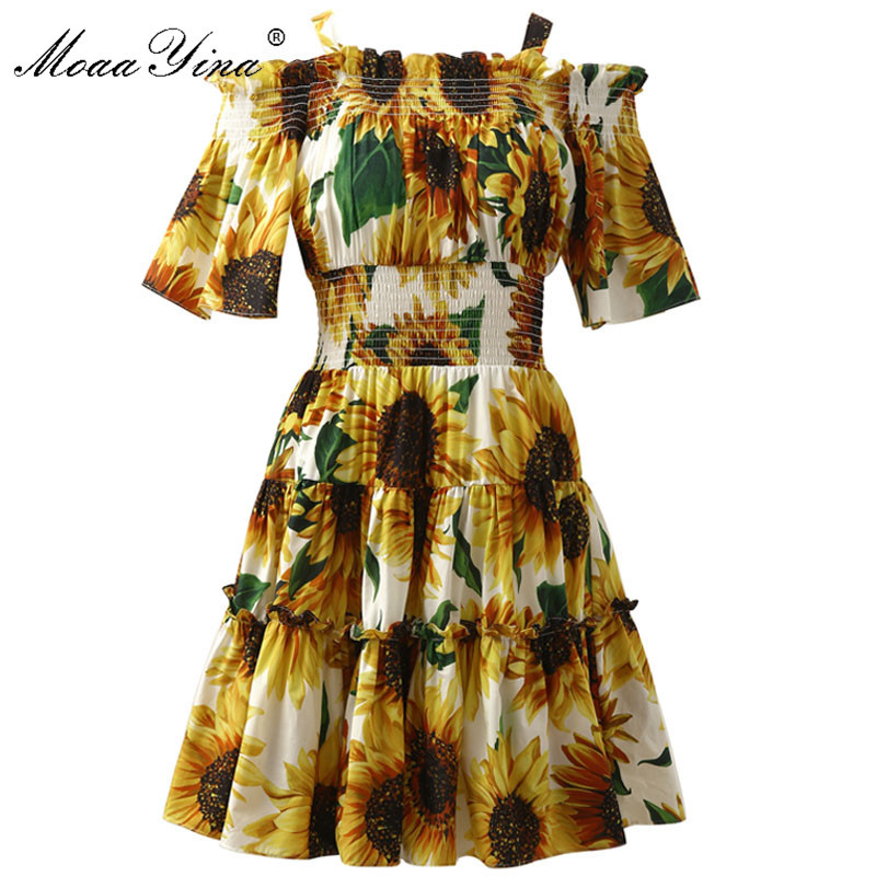 

Fashion Designer Runway dress Summer Women Sunflower Print Elastic waist Off shoulder Holiday Elegant Cotton Dresses 210524, Yellow