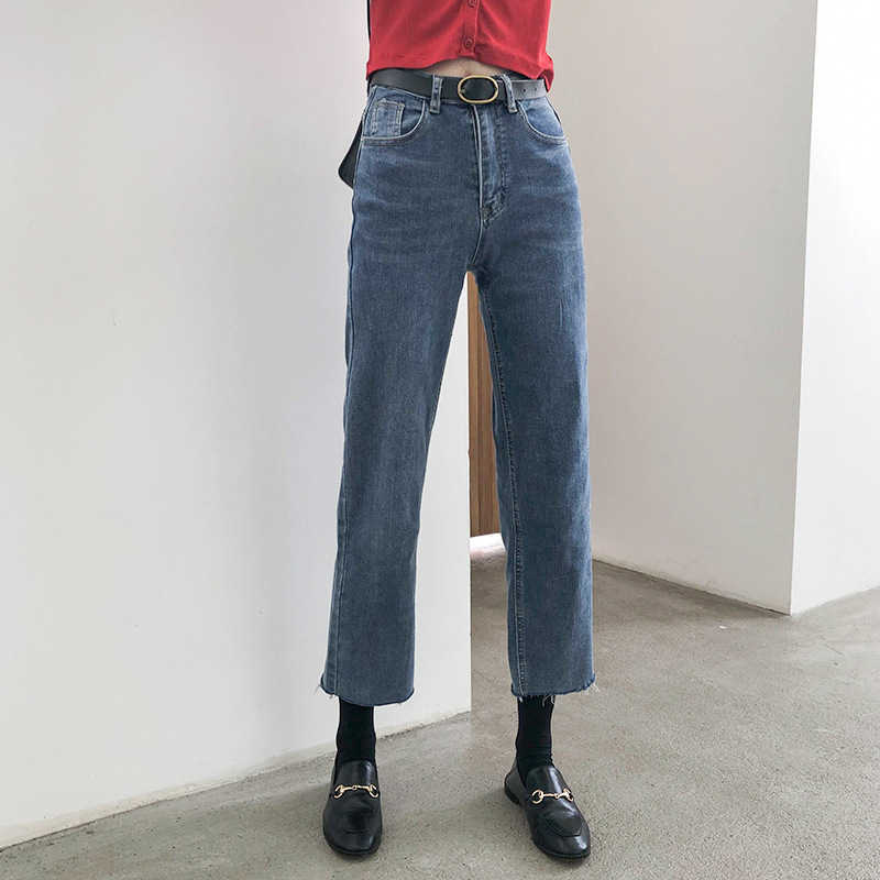 

Spring Style Ripped Jean' Korean High-Waist Slim-Fit -Pants Distressed Ankle-Length Pants R7763 210607, Blue