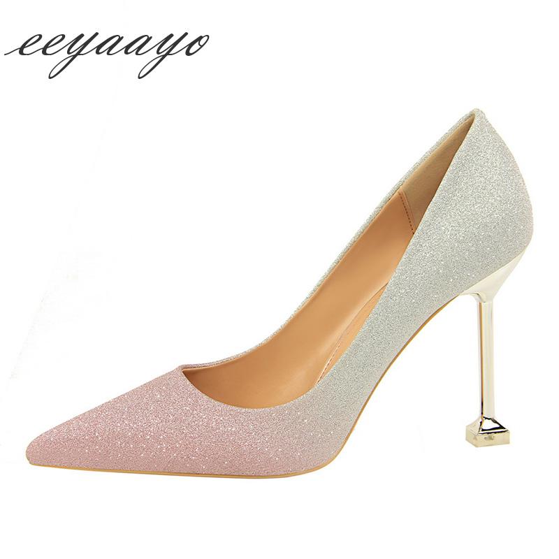 

Spring/Autumn Women Pumps High Thin Heel Pointed Toe Shallow Sexy Bling Party Bridal Wedding Shoes Pink Dress, Black