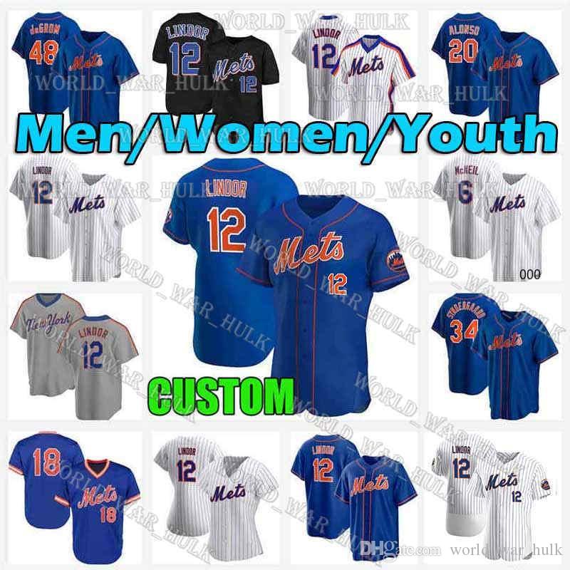 

12 Francisco Lindor Jersey Mets Baseball Jerseys New 48 Jacob deGrom York 20 Pete Alonso Custom 6 Jeff McNeil 34 Noah Syndergaard, Blue;black
