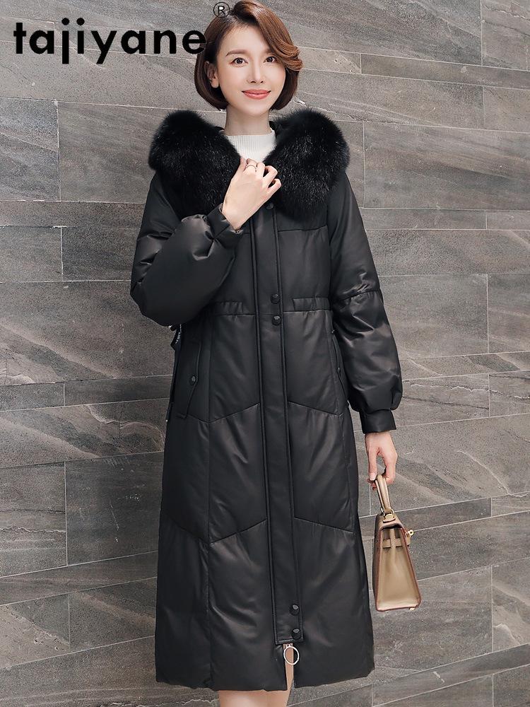 

Women's Leather & Faux Tajiyane Genuine Jacket Women White Duck Down Coat Woman Fur Collar Hooded Parkas Sheepskin Coats Ropa Mujer TN13, Black