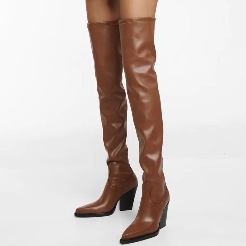 

dress shoes brand shoes thick high heels autumn winter over the knee boots woman pointed toe stretch slim leather sock brown, Black