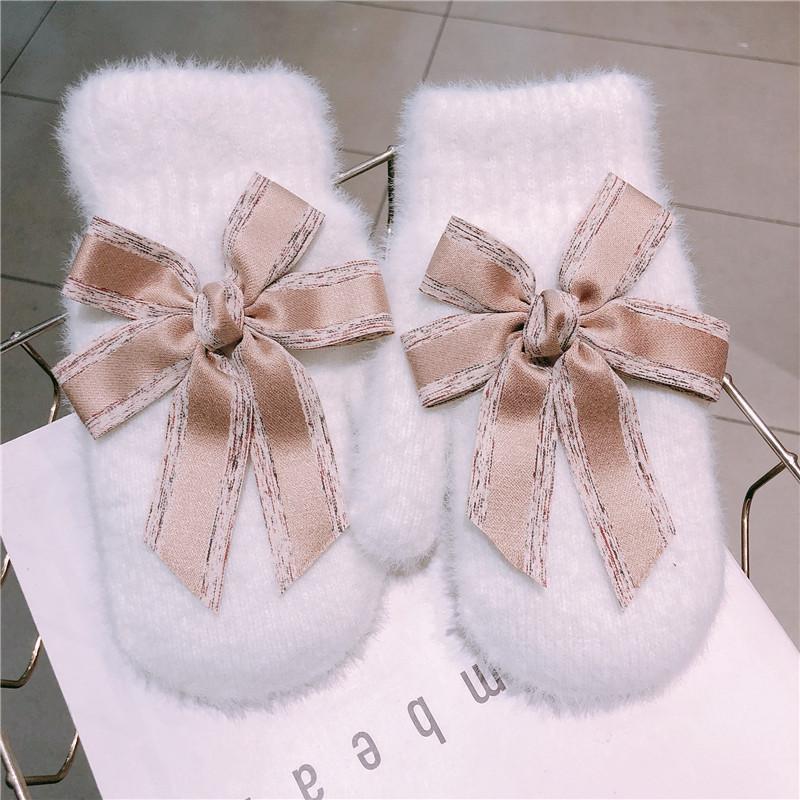 

Five Fingers Gloves Women Winter Keep Warm Plus Velvet Inside Thicken Cute Lovely Bow Japanese Style Soft Full Mittens White Elegant, Blue;gray