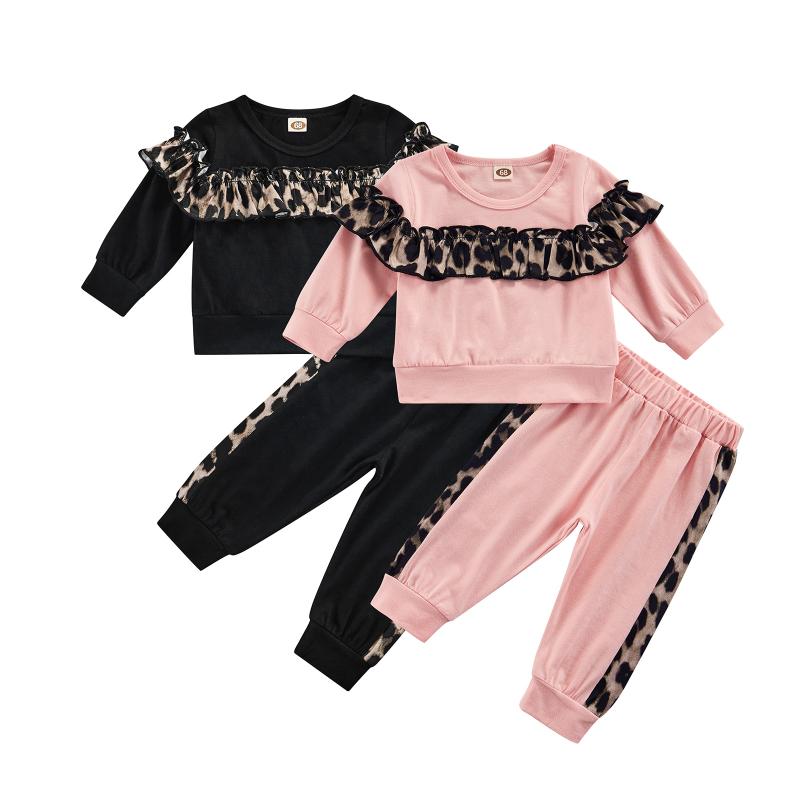 

Clothing Sets Spring Autumn Baby Girl Casual 2Pcs Outfit Leopard Ruffle Long Sleeve Sweatsuits Pants Sport Clothes Set For, White