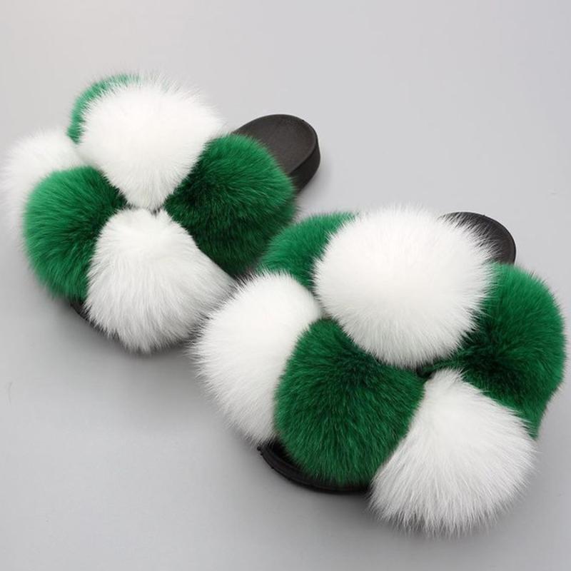 

Slippers Pom Fur Women Fluffy Slides 2021 Fashion Colorful Furry Sandals Open Toe Flip Flops, Black