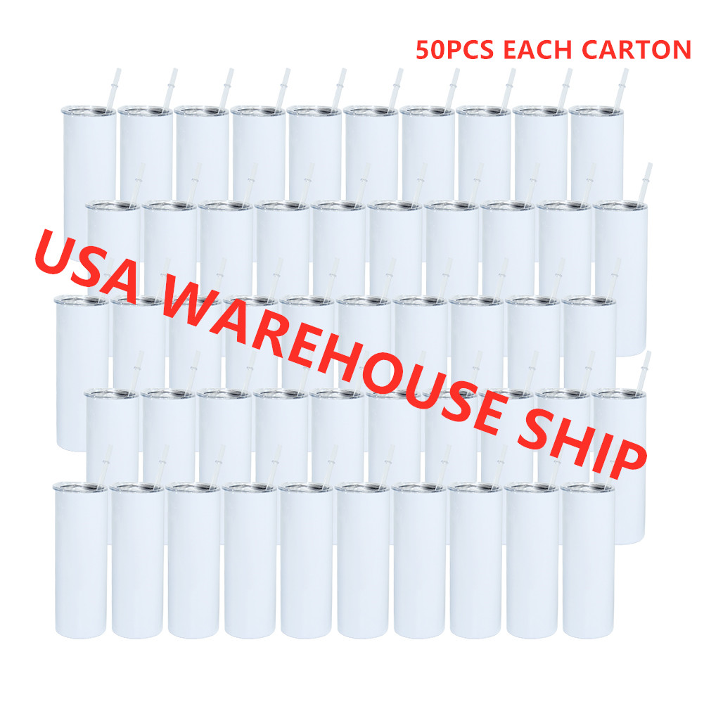 

USA warehouse!!! 20oz sublimation blank skinny tumbler sublimatable stainless Steel slim tumblers with clear straw, White sub
