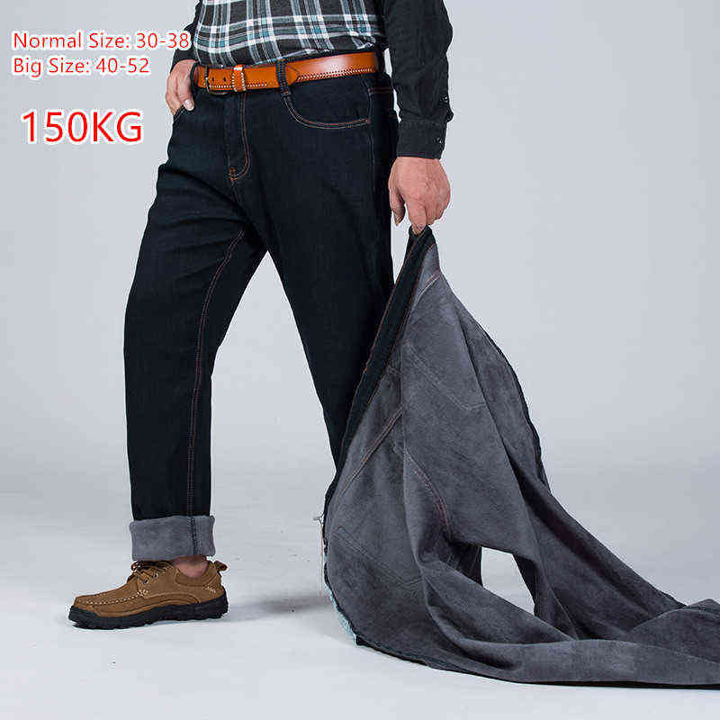 

2020 150KG Warm Jeans Thicken Men Elastic High Waist Man Winter Trousers Big Size 42 44 46 48 50 52 Classic Denim Fleece Pant G0104, Black