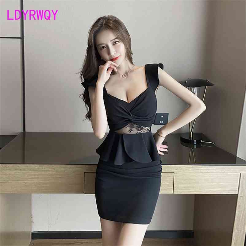 

LDYRWQY summer sexy lotus leaf sleeve low-cut waist bag hip ladies halter female dress Office Lady Sheath 210603, Black