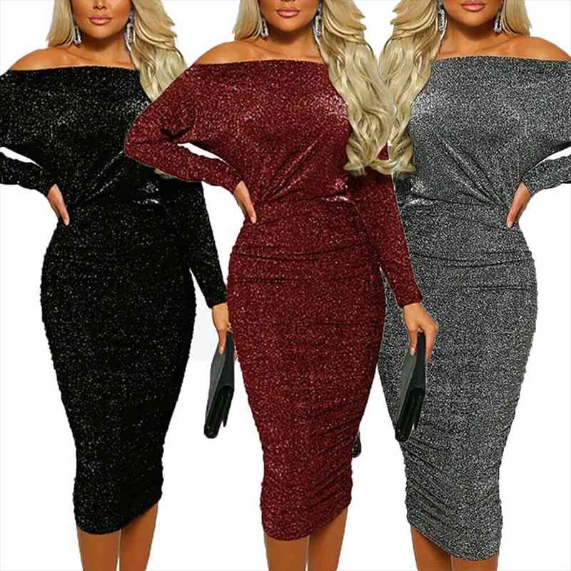 

arrival solid off shoulder slim elegant women boat neck glitter bodycon dress evening party formal dress, Black;gray