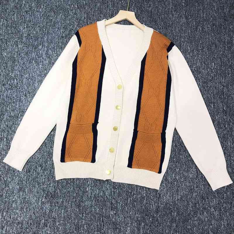 

G 2021 autumn new women's wear V-Neck long sleeve contrast stripe single breasted loose knit cardigan coat, Apricot