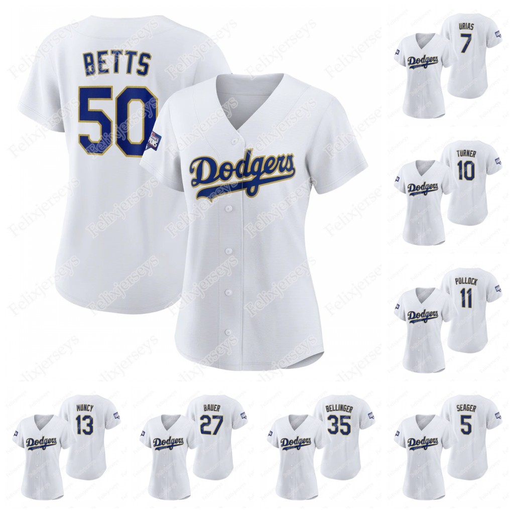 

Womens Julio Urias 2021 Gold Program Jersey Mookie Betts Corey Seager Cody Bellinger Justin Turner Trevor Bauer Max Muncy A.J. Pollock, Blue;black