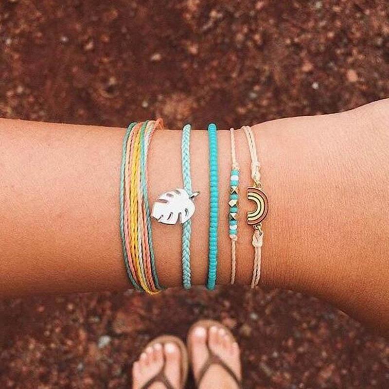 

Charm Bracelets Handmade Colorful String Leaf Rainbow Bracelet Set For Women Boho Blue Beads Adjustable Beach Bangle, Golden;silver