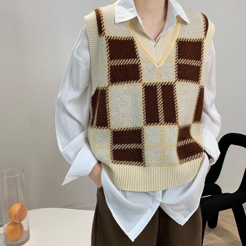 

Women's Vests Vintage Plaid Sweater Vest Women Korean V-neck Knitted Sleeveless Short Gilet, Blue