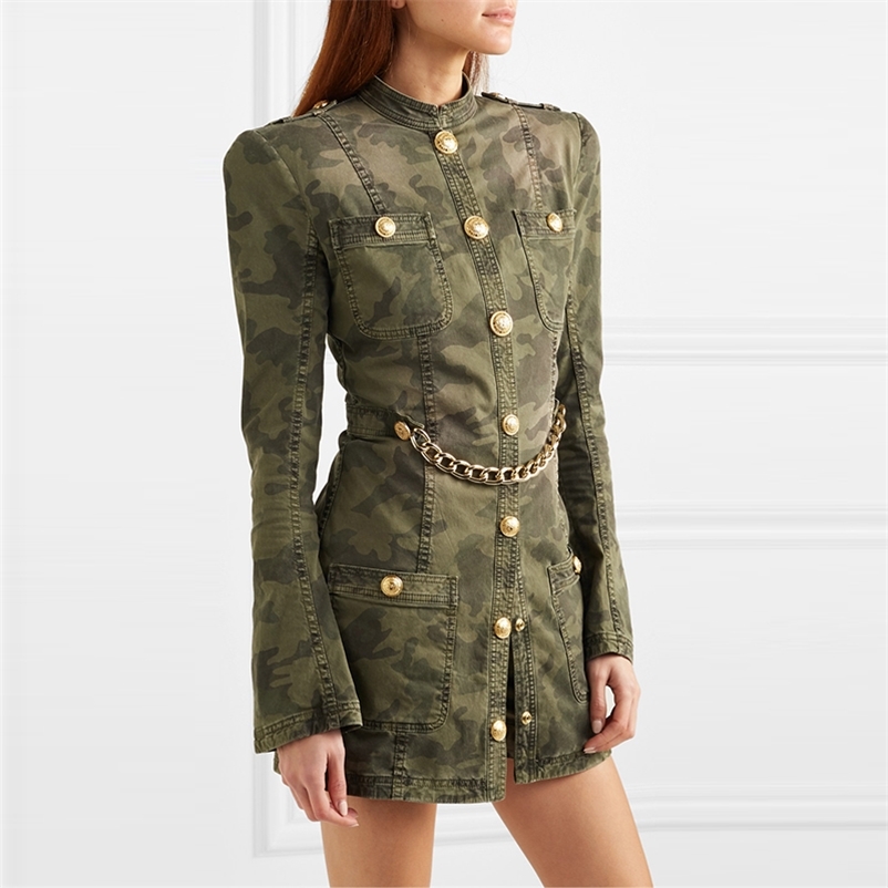 

HIGH STREET est Stylish Designer Dress Women' Matel Chain Military Uniform Camo Cotton 210521, Blue