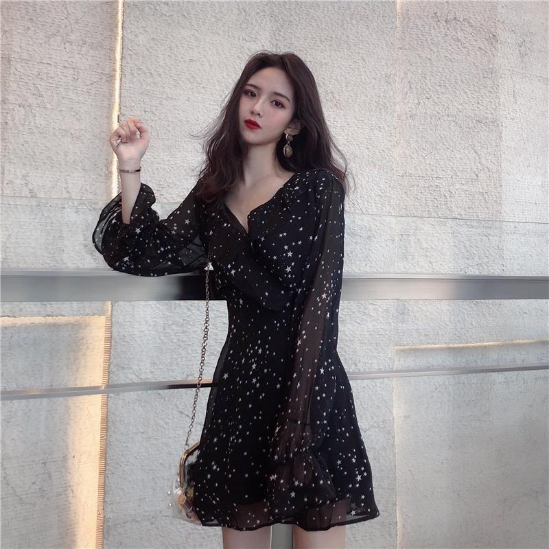 

Casual Dresses Sweet Star Print V-neck Flare Sleeve Elegant Mini Dress Summer Chiffon Fashion Brand Korean Style Women' Clothing, Black
