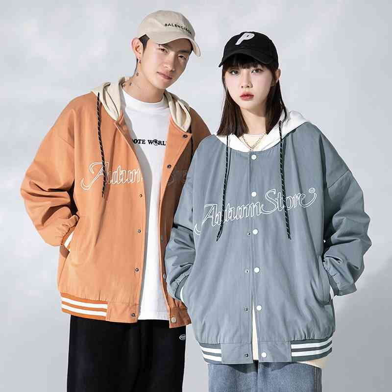 

Hanlu menswear 2021 autumn winter new couple Baseball men's fake two piece trendy Hooded Jacket, Black;brown