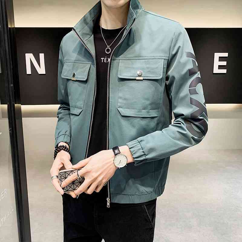 

2021 new jacket men's spring and autumn men's coat top Korean fashion stand collar work clothes leisure handsome men's wear, Green