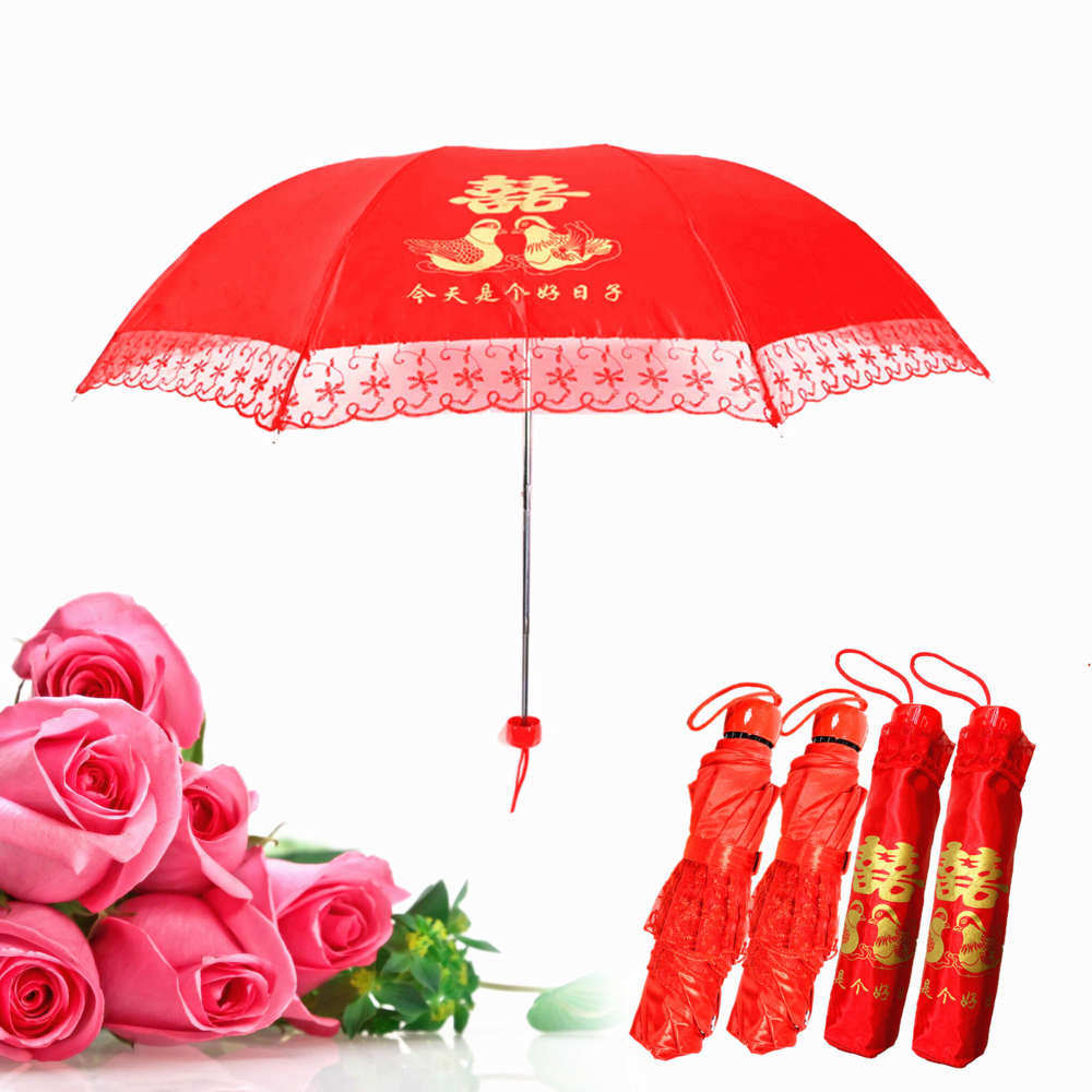 

Creative bridal umbrella folding lace edge big red 8 bone products wedding