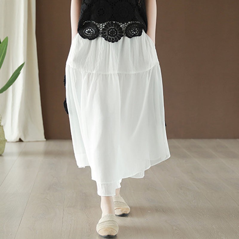 

Johnature Summer Solid Color Elastic Waist Patchwork Double Layer Skirt Loose Casual Fashion All-match Women Half Skirt 210521, Black